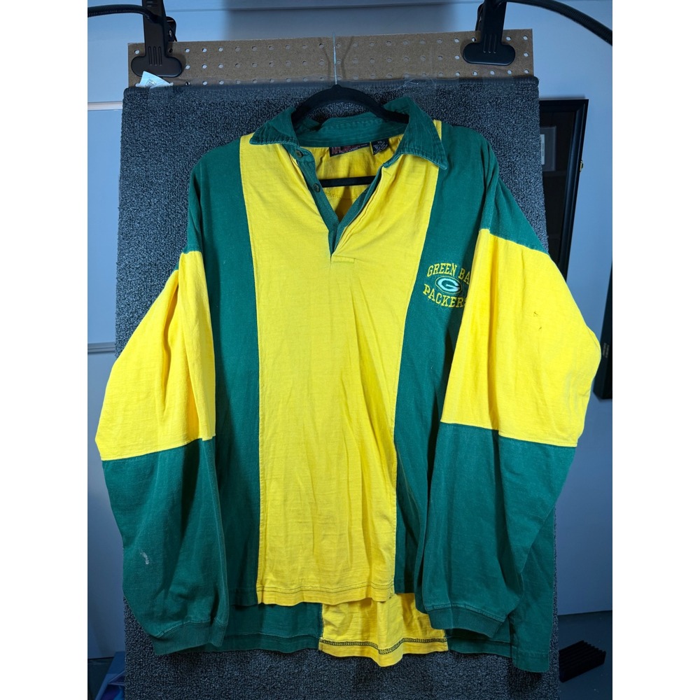 NFL Gym Equipment Rugby Shirt Mens XL Green Yellow Packers Vintage 1997 LS
